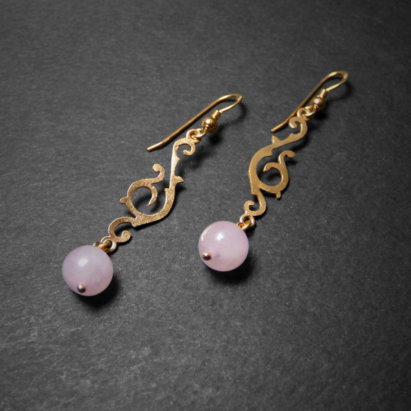 " Golden Pink Quartz " - Χειροποίητα σκουλαρίκια από ασήμι 925 επιχρυσωμένα με ημιπολύτιμες πέτρες Ροζ Χαλαζία. - vintage, επιχρυσωμένα, χάντρες, κρεμαστά - 2