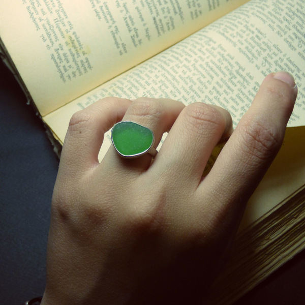 " Green Seaglass ring" - Xειροποίητο επάργυρο ματ δαχτυλίδι με γυαλάκι της θάλασσας! - επάργυρα, θάλασσα, αυξομειούμενα - 3