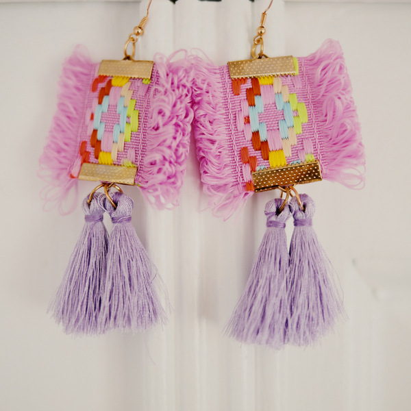 Boho me purple earrings - με φούντες, μακριά, boho, κρεμαστά