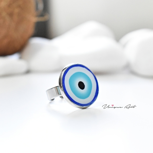 Δαχτυλίδι με υγρό γυαλί | μπλε ματάκι - γυαλί, επάργυρα, μεγάλα, ματάκια, αυξομειούμενα, φθηνά - 3