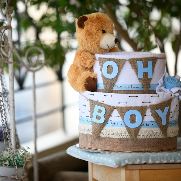 Διώροφη τούρτα Baby Cake "Oh Boy" - βρεφικά, baby shower, diaper cake - 2