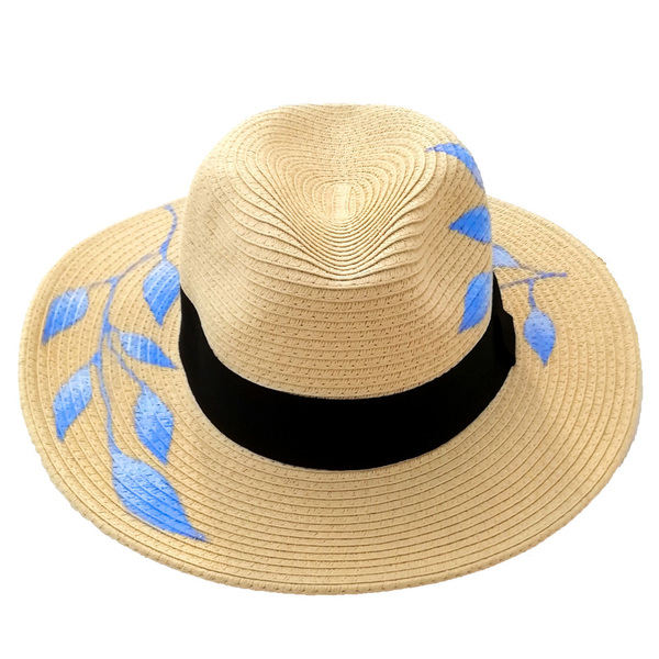 BLUE LEAF 02 HANDPAINTED FEDORA HAT - ζωγραφισμένα στο χέρι, αξεσουάρ παραλίας, ψάθινα