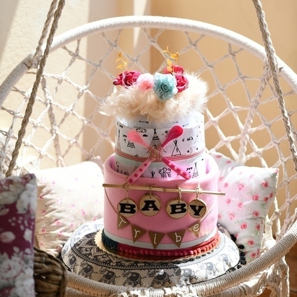 Τριώροφη τούρτα Baby Cake "Boho Baby" - δώρο, πρωτότυπα δώρα, baby shower, σετ δώρου, diaper cake - 5