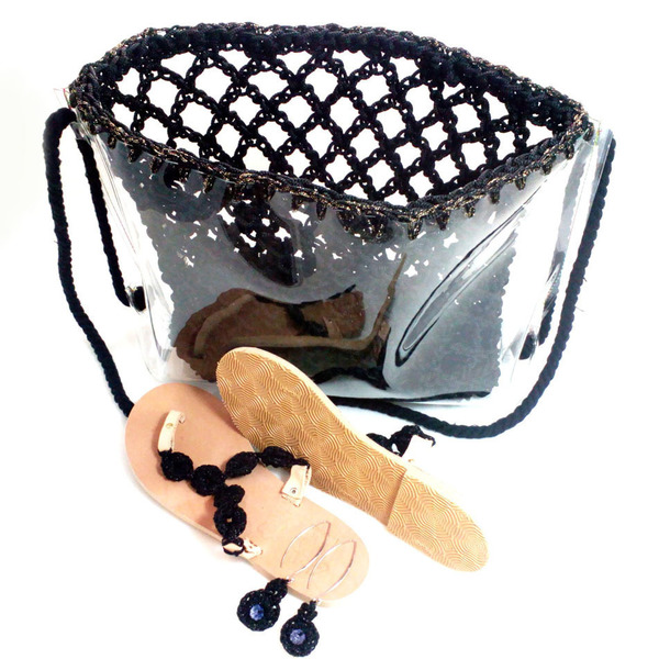Σετ δερμάτινα αντιολισθητικά σανδάλια-τσάντα διάφανη-σκουλαρίκια - δέρμα, boho, φλατ, πλεκτά