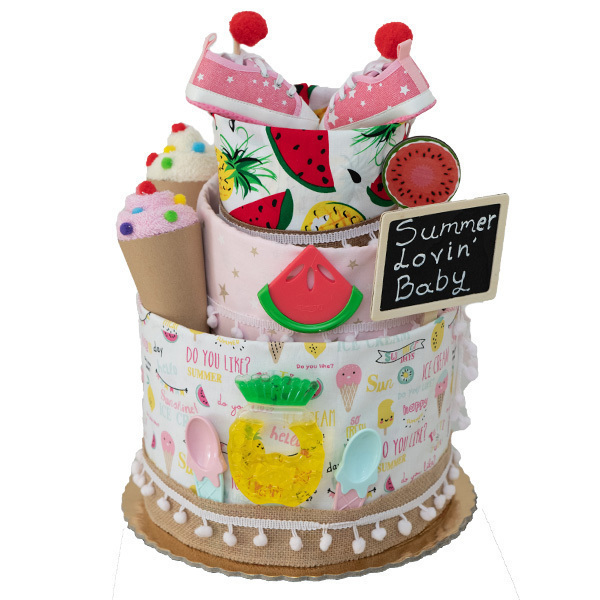 Τριώροφη τούρτα Baby Cake "Summer Lovin' Baby" - κορίτσι, δώρο, baby shower, σετ δώρου, δώρο γέννησης, diaper cake