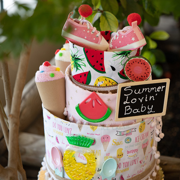 Τριώροφη τούρτα Baby Cake "Summer Lovin' Baby" - κορίτσι, δώρο, baby shower, σετ δώρου, δώρο γέννησης, diaper cake - 2
