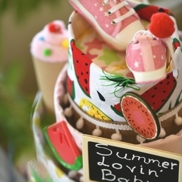 Τριώροφη τούρτα Baby Cake "Summer Lovin' Baby" - κορίτσι, δώρο, baby shower, σετ δώρου, δώρο γέννησης, diaper cake - 5