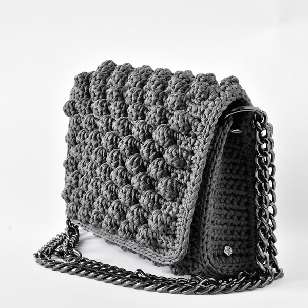 Χειροποίητη γκρι bubble πλεκτή τσάντα κροσέ , διαθέσιμη σε πολλά χρώματα - ώμου, crochet, τσάντα, χειροποίητα, πλεκτές τσάντες - 2