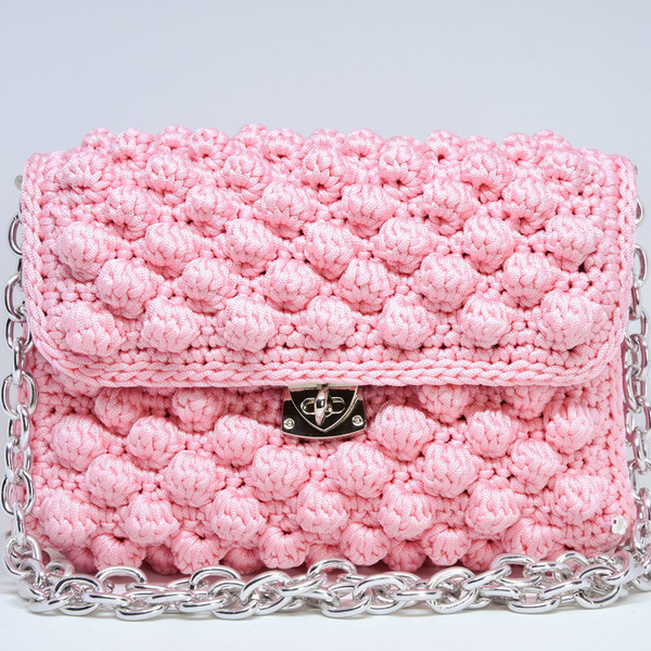 Ροζ bubble πλεκτή τσάντα κροσέ με κούμπωμα - χιαστί, crochet, πλεκτές τσάντες, μικρές