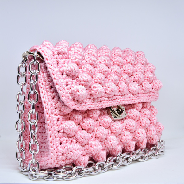 Ροζ bubble πλεκτή τσάντα κροσέ με κούμπωμα - χιαστί, crochet, πλεκτές τσάντες, μικρές - 2