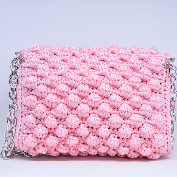 Ροζ bubble πλεκτή τσάντα κροσέ με κούμπωμα - χιαστί, crochet, πλεκτές τσάντες, μικρές - 3