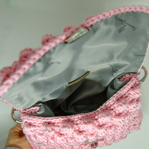 Ροζ bubble πλεκτή τσάντα κροσέ με κούμπωμα - χιαστί, crochet, πλεκτές τσάντες, μικρές - 4