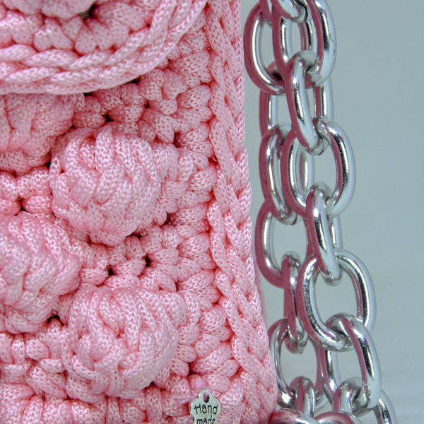 Ροζ bubble πλεκτή τσάντα κροσέ με κούμπωμα - χιαστί, crochet, πλεκτές τσάντες, μικρές - 5