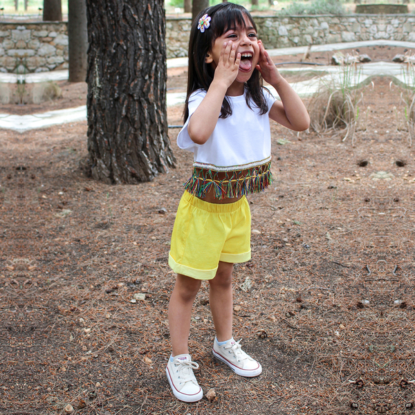Σύνολο λευκό μπλουζάκι κρόσσια και κίτρινο σορτς - βαμβάκι, κορίτσι, παιδικά ρούχα