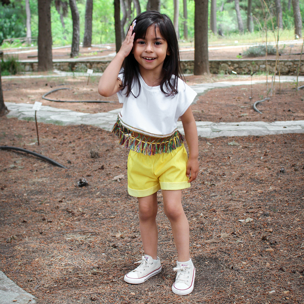 Σύνολο λευκό μπλουζάκι κρόσσια και κίτρινο σορτς - βαμβάκι, κορίτσι, παιδικά ρούχα - 2