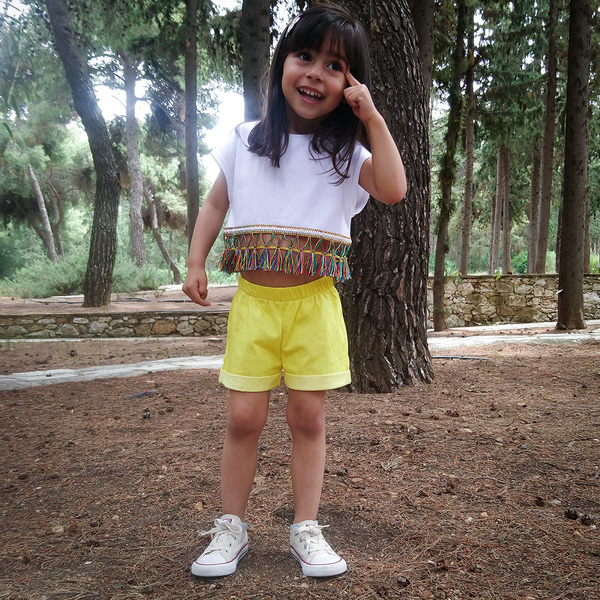 Σύνολο λευκό μπλουζάκι κρόσσια και κίτρινο σορτς - βαμβάκι, κορίτσι, παιδικά ρούχα - 3