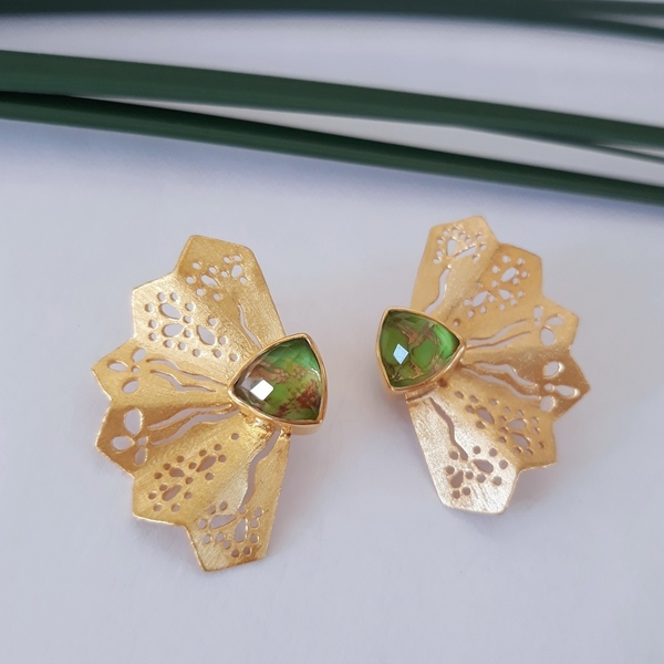 Mini Fan Green Earrings-Χειροποίητα Σκουλαρίκια Βεντάλια με Ημιπολύτιμες Πέτρες - ασήμι, ημιπολύτιμες πέτρες, επιχρυσωμένα, κρεμαστά