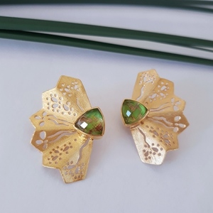 Mini Fan Green Earrings-Χειροποίητα Σκουλαρίκια Βεντάλια με Ημιπολύτιμες Πέτρες - επιχρυσωμένα, ασήμι, ημιπολύτιμες πέτρες, κρεμαστά