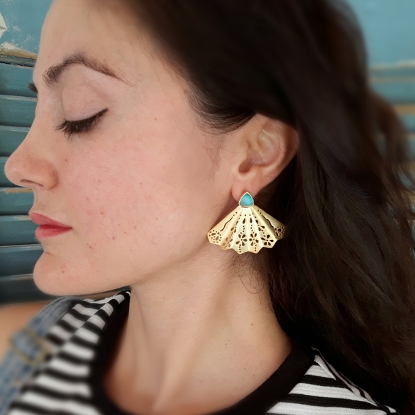 Chrysocolla Stone Butterfly Earrings - ασήμι, ημιπολύτιμες πέτρες, επιχρυσωμένα, κρεμαστά - 3