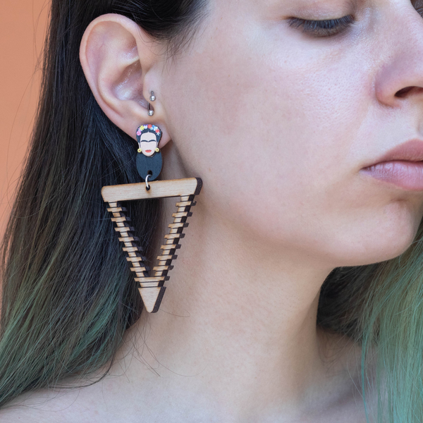 Γεωμετρικά Σκουλαρίκια Frida - ξύλο, boho, κρεμαστά, μεγάλα - 3
