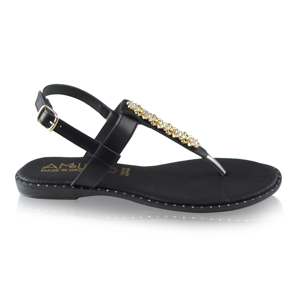 Μαύρα δερμάτινα Greek Sandals με χρυσό στιλάκι - δέρμα, αρχαιοελληνικό, φλατ