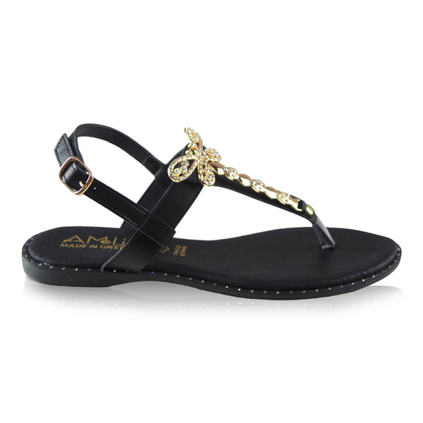 Μαύρα δερμάτινα Greek Sandals με χρυσό διακοσμητικό - δέρμα, αρχαιοελληνικό, φλατ