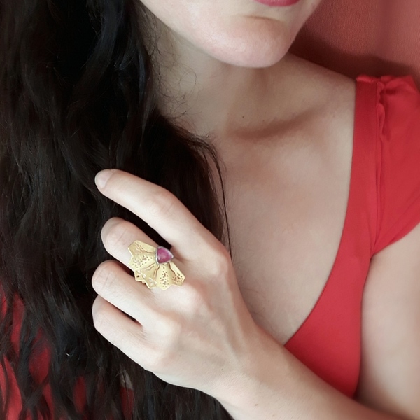 Red Gold Fan-Δαχτυλίδι Βεντάλια Από Επιχρυσωμένο Ασήμι 925 με Ημιπολύτιμη Πέτρα - ασήμι, ημιπολύτιμες πέτρες, επιχρυσωμένα, χειροποίητα - 5