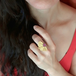 Red Gold Fan-Δαχτυλίδι Βεντάλια Από Επιχρυσωμένο Ασήμι 925 με Ημιπολύτιμη Πέτρα - ασήμι, ημιπολύτιμες πέτρες, επιχρυσωμένα, χειροποίητα - 3