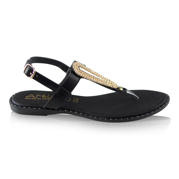 Μαύρα δερμάτινα Greek Sandals με στιλάκι με στρας - δέρμα, boho, φλατ
