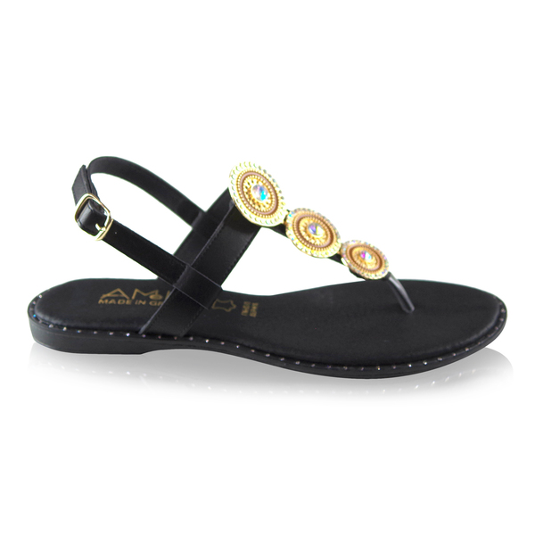 Μαύρα δερμάτινα Greek Sandals με χρυσά στρόγγυλα διακοσμητικά - δέρμα, αρχαιοελληνικό, φλατ