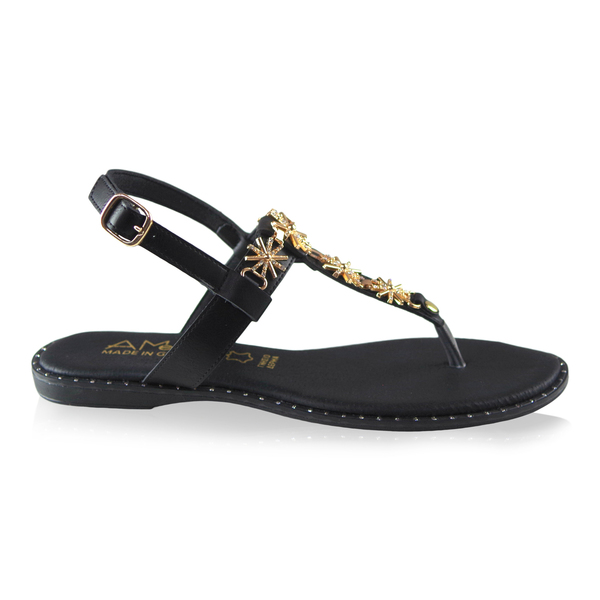 Μαύρα δερμάτινα Greek Sandals με χρυσά αστεράκια - δέρμα, αρχαιοελληνικό, φλατ