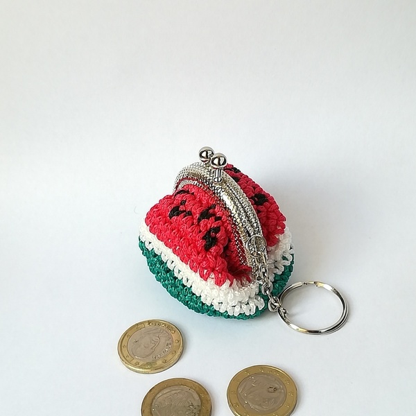 Μπρελόκ με πλεκτό πορτοφολάκι καρπούζι μινιατούρα - δώρο, crochet, χειροποίητα, πλεκτά, πορτοφόλια κερμάτων - 3