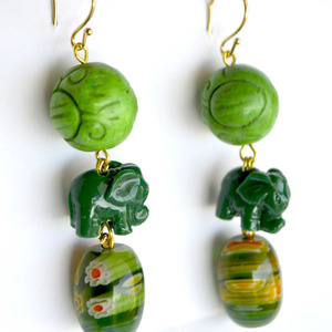 Έθνικ σκουλαρίκια με πέτρες και πράσινο ελεφαντάκι - πέτρες, μακριά, boho, κρεμαστά - 2