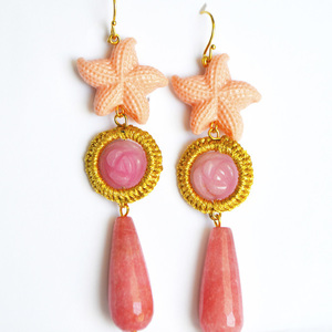 Τριπλά σκουλαρίκια με ροζ αστερία - ασήμι, πέτρες, μακριά, boho, κρεμαστά - 2