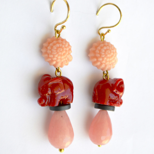Τριπλά σκουλαρίκια κοχύλι ελεφαντάκι ροζ - πέτρες, boho, κρεμαστά