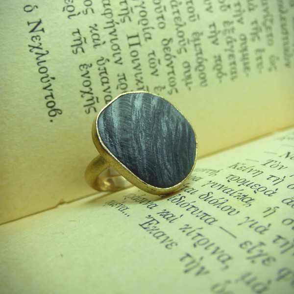 " River stone ring " - Xειροποίητο επίχρυσο δαχτυλίδι με βότσαλο από ποτάμι - επιχρυσωμένα, boho, βότσαλα, αυξομειούμενα - 3
