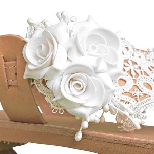 Νυφικά σανδάλια με δαντέλα - δέρμα, δαντέλα, λουλούδια, χειροποίητα, νυφικά, φλατ, ankle strap - 2