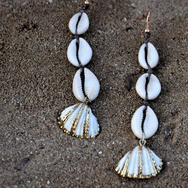 triple shell earrings - κοχύλι, boho, κρεμαστά - 2