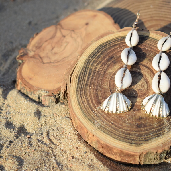 triple shell earrings - κοχύλι, boho, κρεμαστά - 3