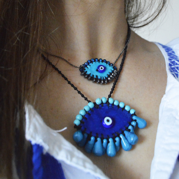 Κολιέ μεγάλο Evil eye κεντητό βελούδινο, μπλε τιρκουάζ - μακριά, ύφασμα, ημιπολύτιμες πέτρες, απαραίτητα καλοκαιρινά αξεσουάρ, μάτι, μεγάλα - 2