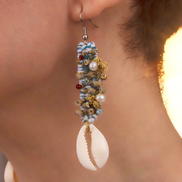 ATHINA MAILI - Υφαντά σκουλαρίκια με κοχύλια και μαργαριτάρια - ημιπολύτιμες πέτρες, κοχύλι, πέτρες, boho, κρεμαστά - 2