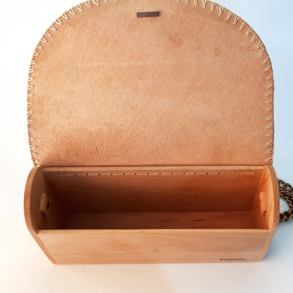 Ξύλινη τσάντα από οξιά και δέρμα - δέρμα, ξύλο, δώρο, χιαστί, χειροποίητα - 3