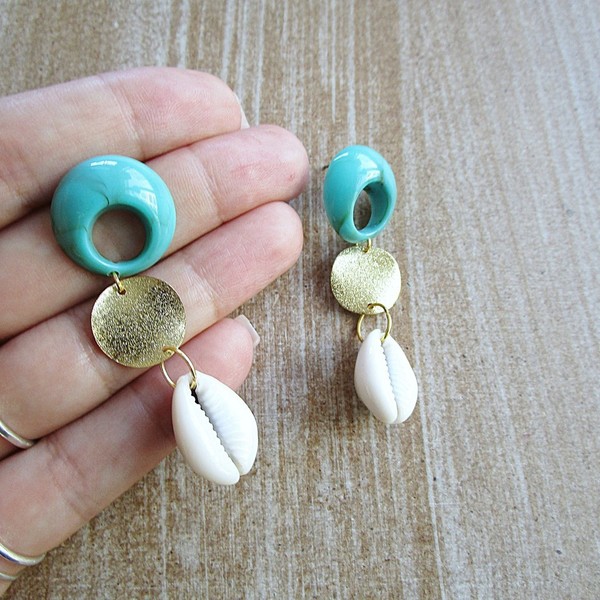natural shell earrings| χειροποιητα σκουλαρίκια κοχύλια - τιρκουάζ, κοχύλι, μικρά, μπρούντζος, κρεμαστά - 3