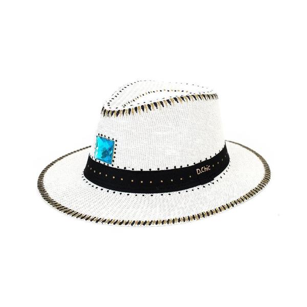 Nevada μπλε χειροποίητο καπέλο Παναμά με boho σχέδια και ημιπολύτιμο πετράδι - ζωγραφισμένα στο χέρι, απαραίτητα καλοκαιρινά αξεσουάρ, boho, ψάθινα - 2