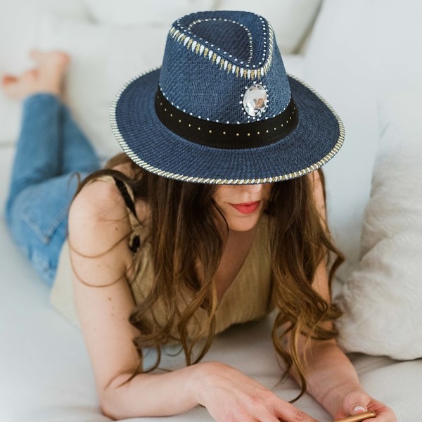 Nevada μπλε χειροποίητο καπέλο Παναμά με boho σχέδια και ημιπολύτιμο πετράδι - ζωγραφισμένα στο χέρι, απαραίτητα καλοκαιρινά αξεσουάρ, boho, ψάθινα - 4