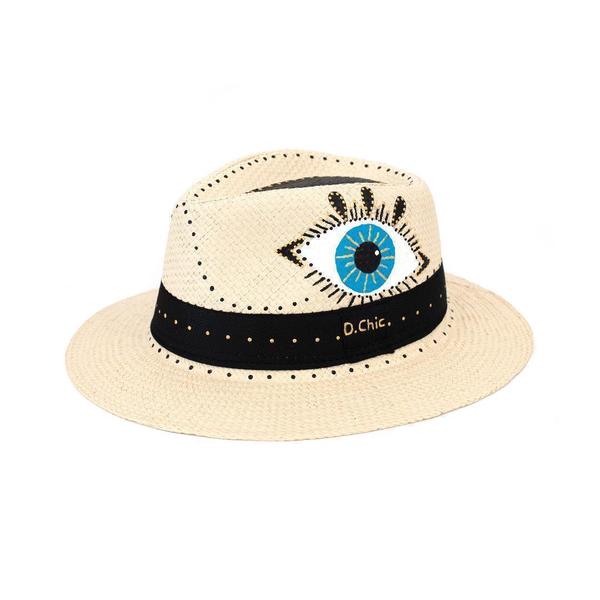 Florida μπεζ χειροποίητο καπέλο Παναμά με σχέδιο μάτι - ζωγραφισμένα στο χέρι, μάτι, αυξομειούμενα, ψάθινα