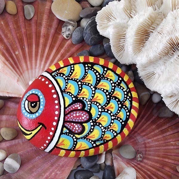 Ψαράκι κόκκινο, ζωγραφισμένο σε βότσαλο - ζωγραφισμένα στο χέρι, πέτρα, ψάρι, διακοσμητικές πέτρες - 2