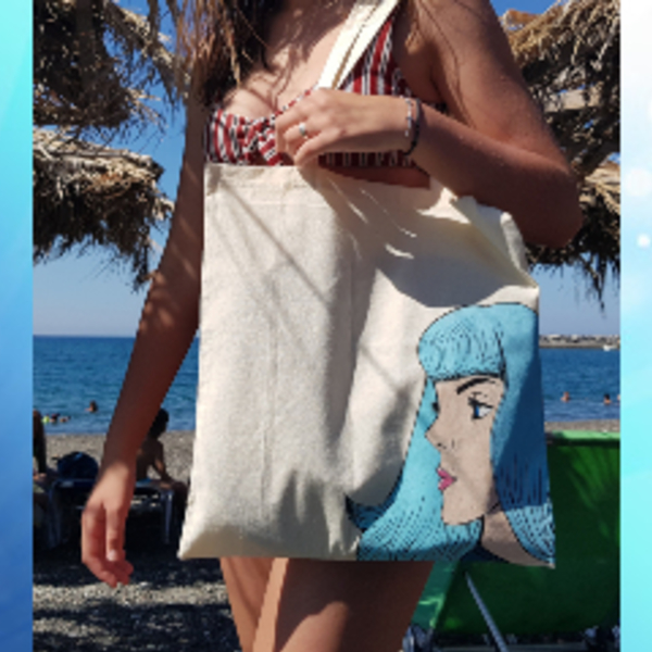 Υφασμάτινη τσάντα ζωγραφισμέναη | Tote Bag Girl - ύφασμα, ζωγραφισμένα στο χέρι, ώμου, μεγάλες, all day, απαραίτητα καλοκαιρινά αξεσουάρ, θαλάσσης, tote, πάνινες τσάντες, φθηνές