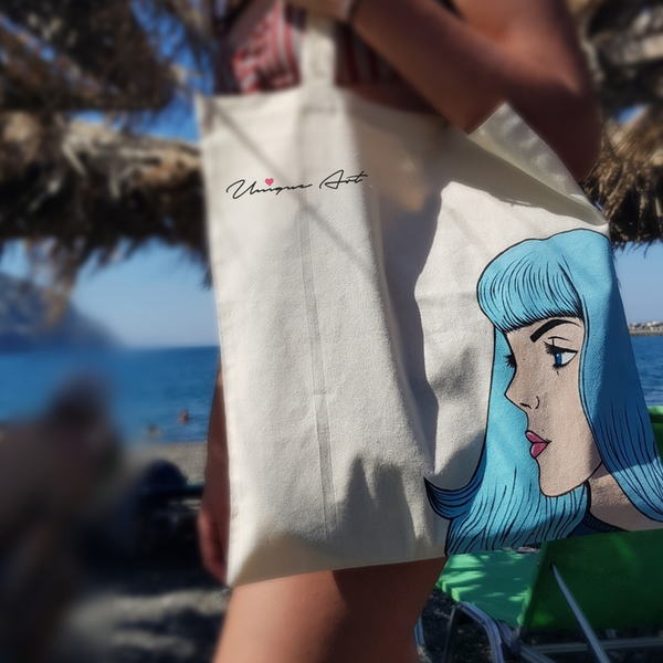 Υφασμάτινη τσάντα ζωγραφισμέναη | Tote Bag Girl - ύφασμα, ζωγραφισμένα στο χέρι, ώμου, μεγάλες, all day, απαραίτητα καλοκαιρινά αξεσουάρ, θαλάσσης, tote, πάνινες τσάντες, φθηνές - 2