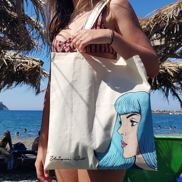 Υφασμάτινη τσάντα ζωγραφισμέναη | Tote Bag Girl - ύφασμα, ζωγραφισμένα στο χέρι, ώμου, μεγάλες, all day, απαραίτητα καλοκαιρινά αξεσουάρ, θαλάσσης, tote, πάνινες τσάντες, φθηνές - 3